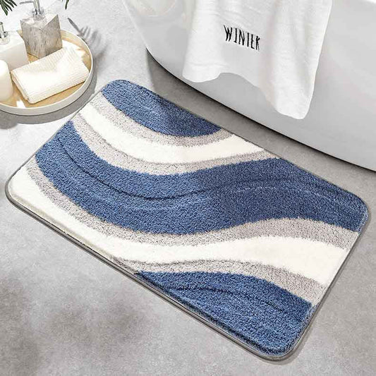 Abstract Grey White Blue Wave Bath Mat, Extra Soft Water Absorbent Modern Bathroom Rug