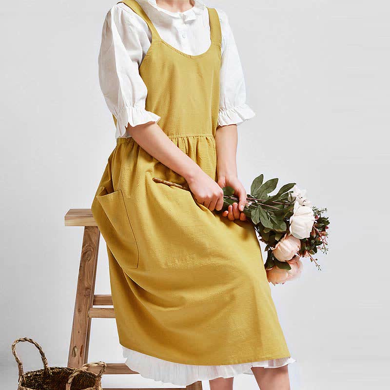 Japanese Cross-Back Cotton Pinafore Apron with Pockets – No-Tie Soft Cooking & Gardening Apron