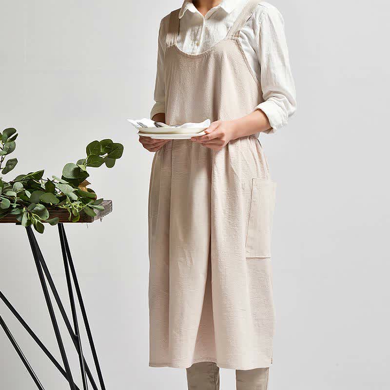 Japanese Cross-Back Cotton Pinafore Apron with Pockets – No-Tie Soft Cooking & Gardening Apron
