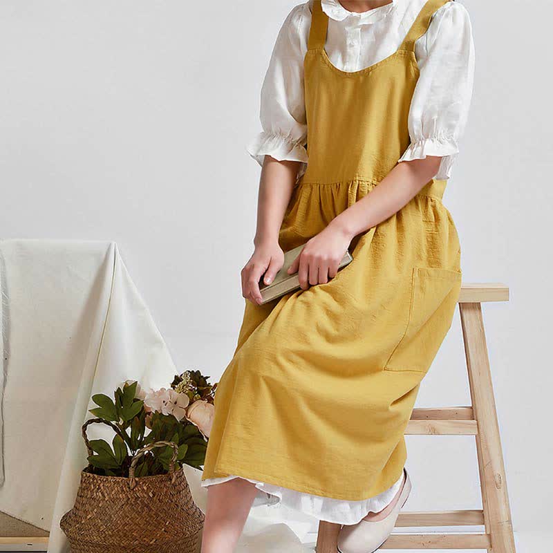 Japanese Cross-Back Cotton Pinafore Apron with Pockets – No-Tie Soft Cooking & Gardening Apron