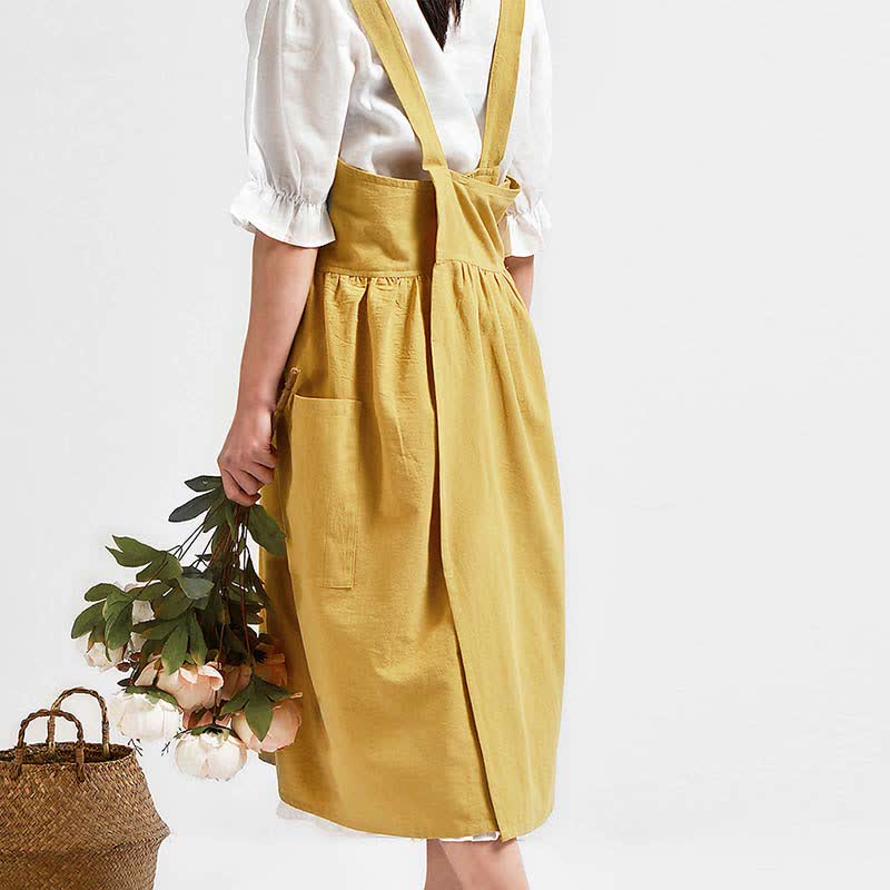 Japanese Cross-Back Cotton Pinafore Apron with Pockets – No-Tie Soft Cooking & Gardening Apron