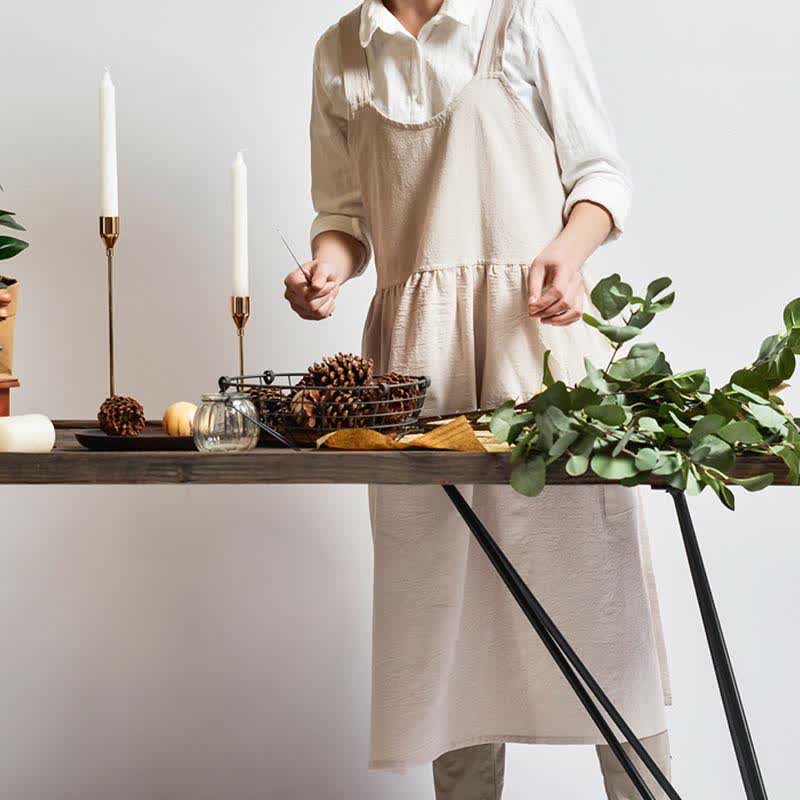 Japanese Cross-Back Cotton Pinafore Apron with Pockets – No-Tie Soft Cooking & Gardening Apron