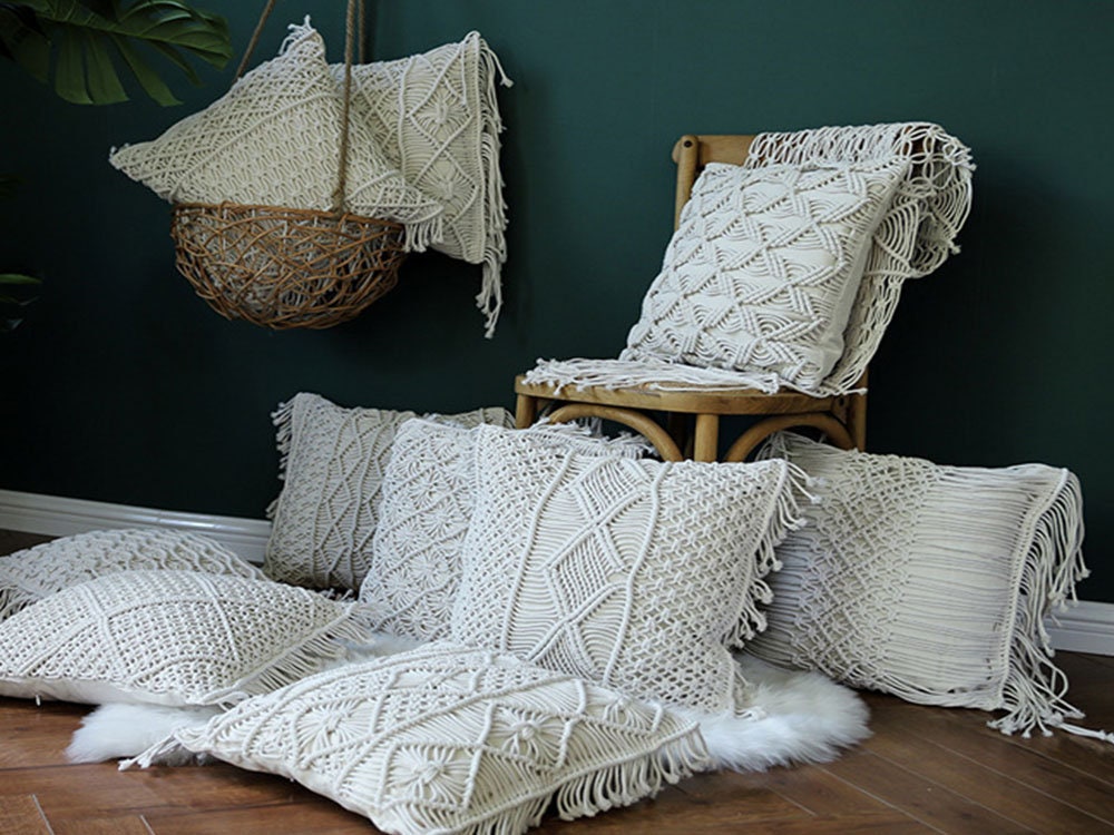 Boho Macramé Woven Throw Pillow Cover – Handcrafted Fringe Cushion Case (18" x 18" / 45 x 45 cm)