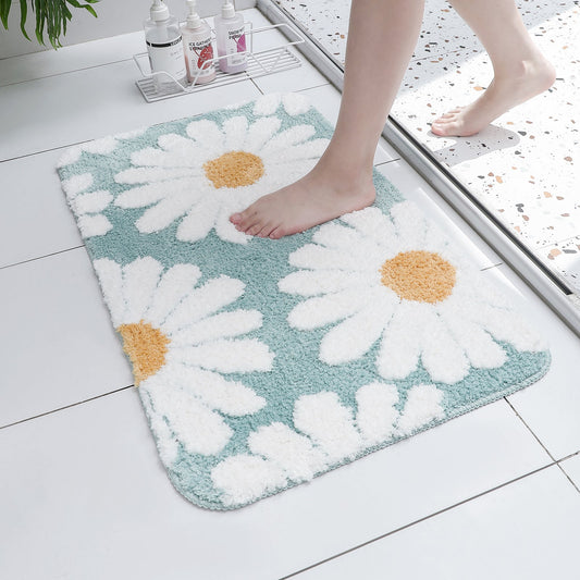 Cute White Blue Daisy Flower Bath Mat - Plush Super Absorbent Non-Slip Bath Rug | Machine Washable Floral Bathroom Mat
