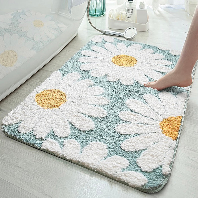 Cute White Blue Daisy Flower Bath Mat