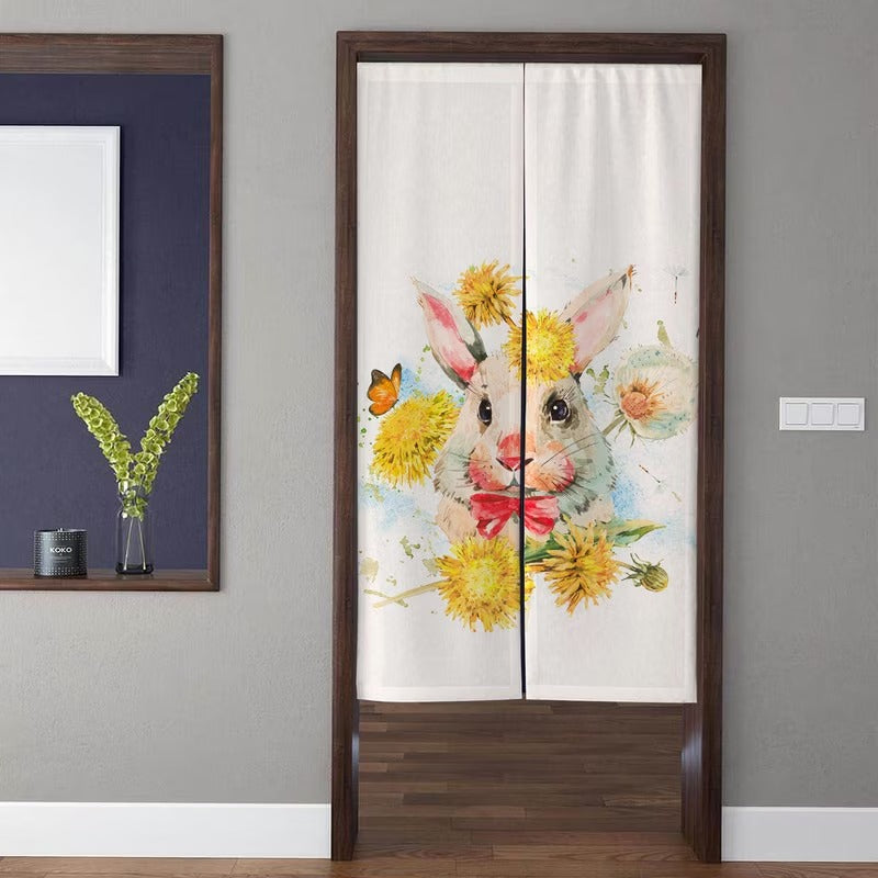 Playful Watercolor Spring Bunny Red Bow & Dandelions Doorway Curtain Noren Room Divider