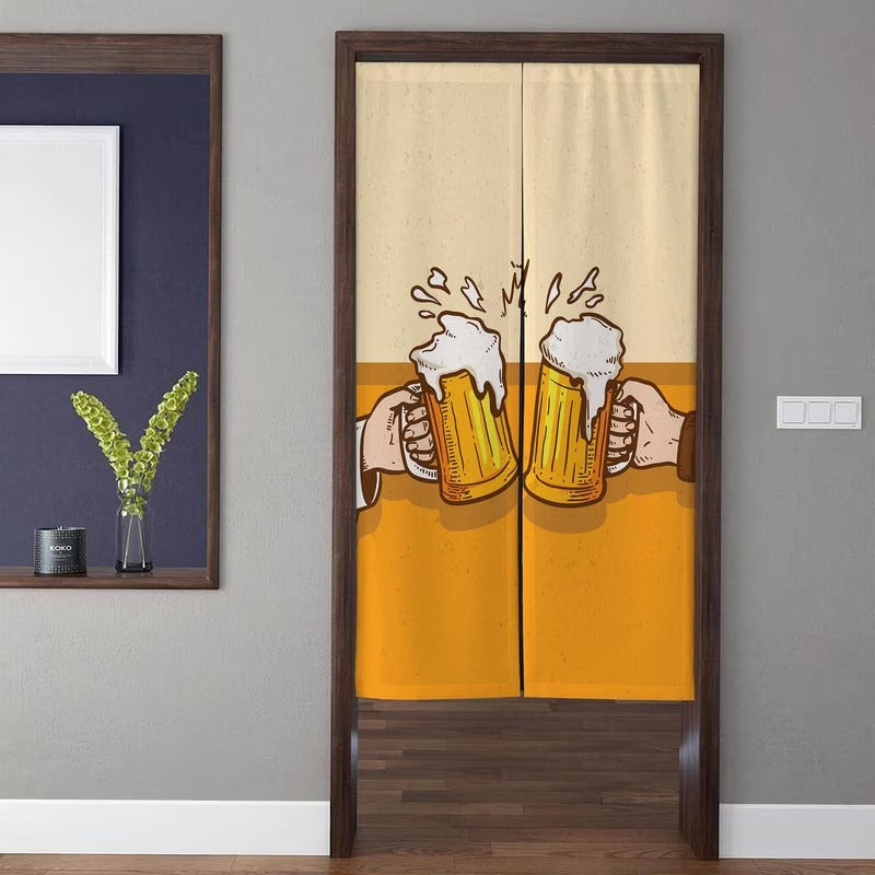 Retro Pub Style Beer Mugs Cheers & Frothy Foam Doorway Curtain Noren Room Divider