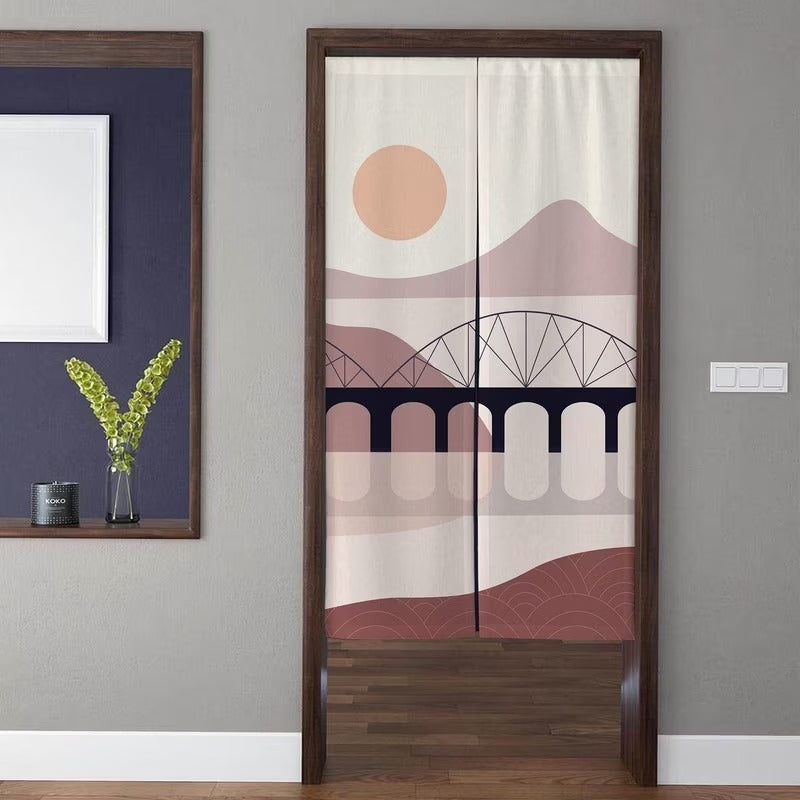 Minimalist Japandi Bauhaus Abstract Arch Bridge & Soft Sun Dusty Rose Doorway Curtain Noren Room Divider