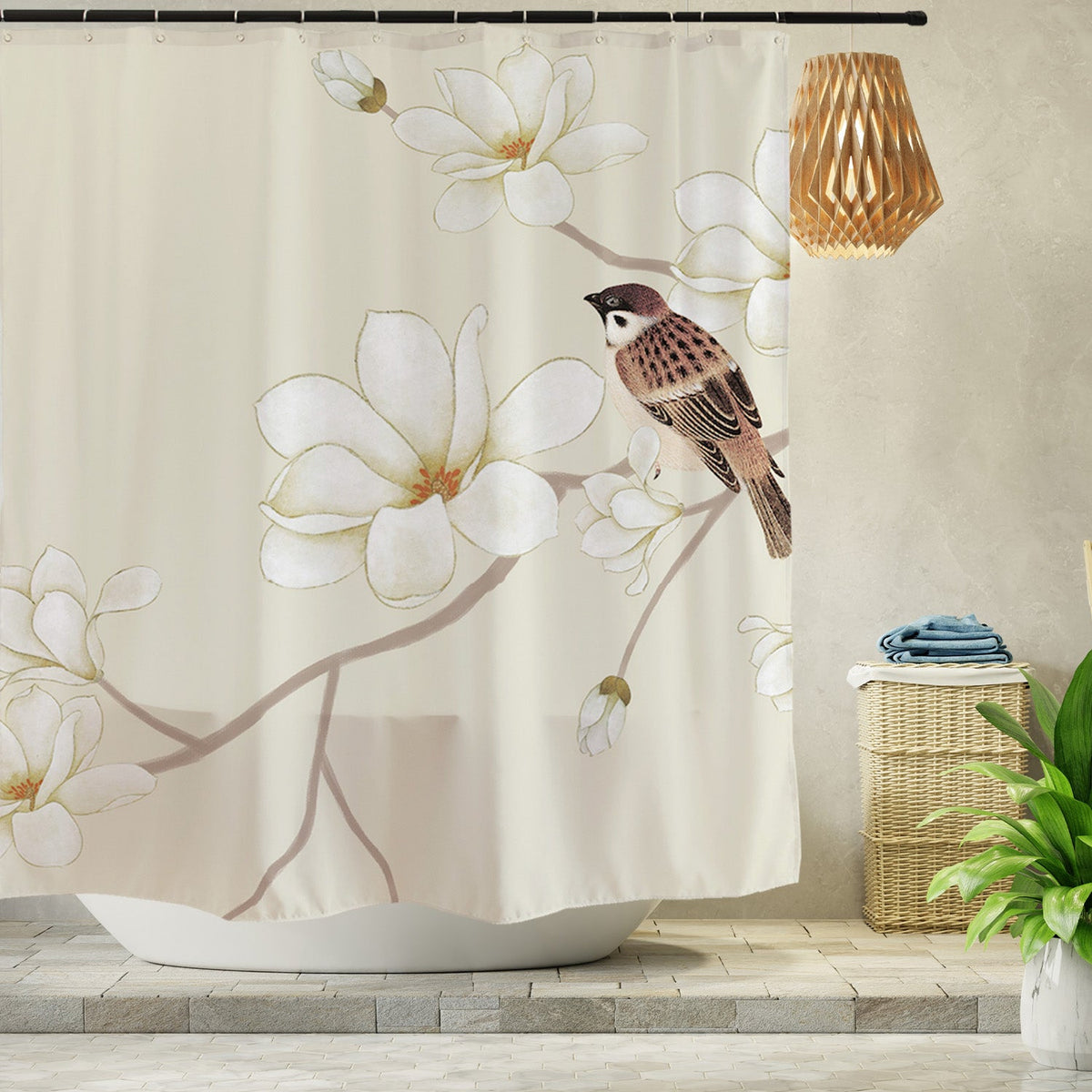 Sparrow & Magnolia Blossom Shower Curtain – Vintage Botanical Floral Waterproof Bathroom Curtain Set