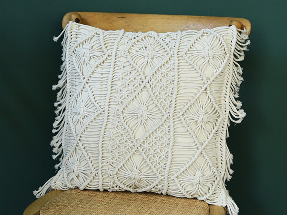 Boho Macramé Woven Throw Pillow Cover – Handcrafted Fringe Cushion Case (18" x 18" / 45 x 45 cm)