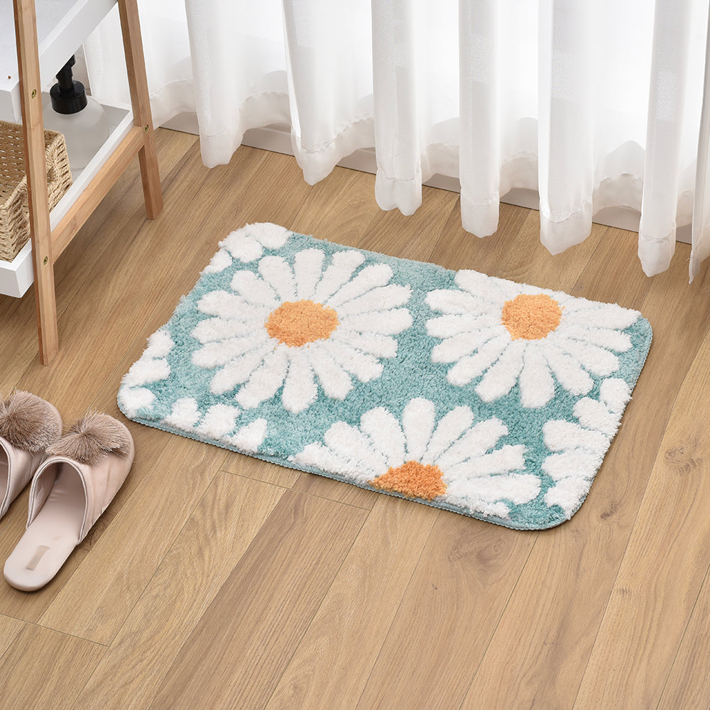 Cute White Blue Daisy Flower Bath Mat