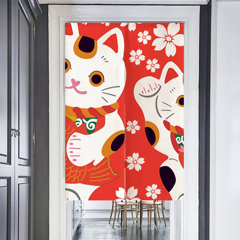 Red Background White Sakura Lucky Cat Door Curtain