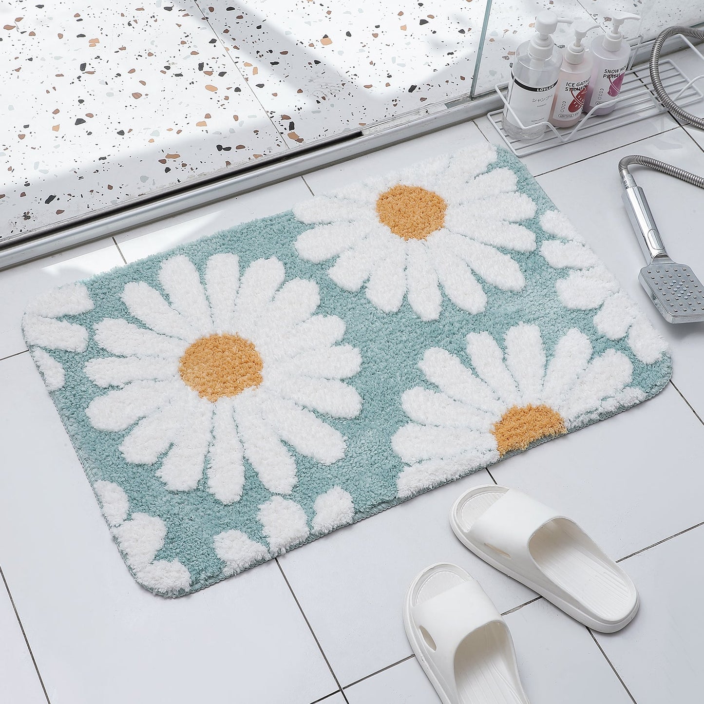 Cute White Blue Daisy Flower Bath Mat