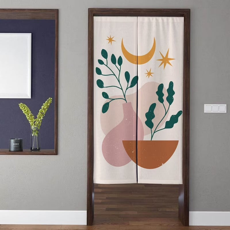 Minimalist Boho Abstract Botanical Planters Crescent Moon & Stars Doorway Curtain Noren Room Divider