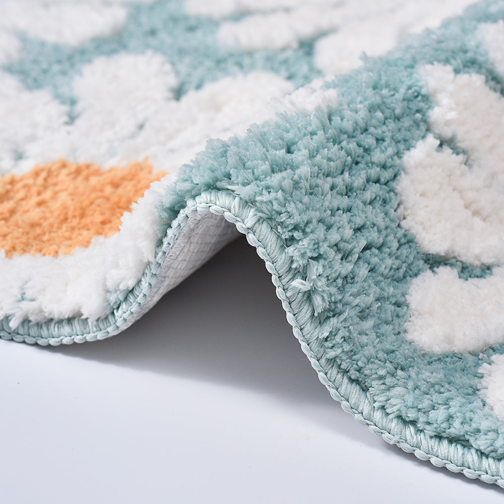 Cute White Blue Daisy Flower Bath Mat - Plush Super Absorbent Non-Slip Bath Rug | Machine Washable Floral Bathroom Mat