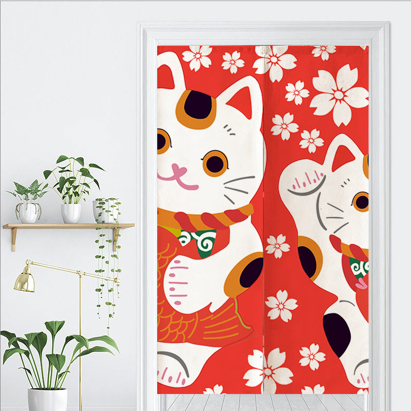 Red Background White Sakura Lucky Cat Door Curtain