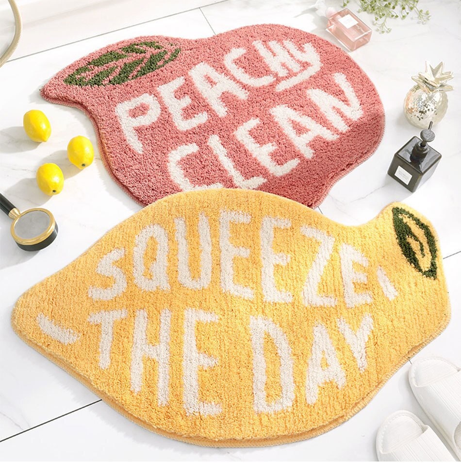 Cute Peach Lemon Bath Mat - Plush Microfiber Bathroom Rug | Absorbent Non-Slip Washable Rug