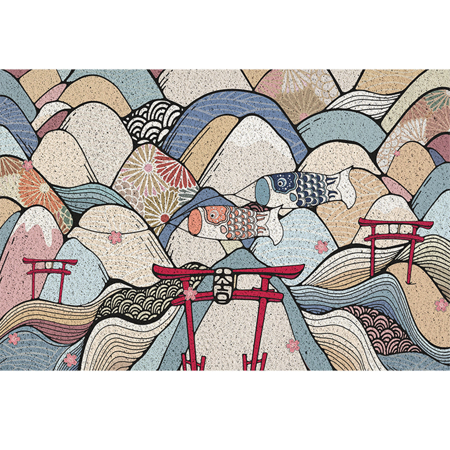 Japanese Style Fish And Mountain Entrance Door Mat