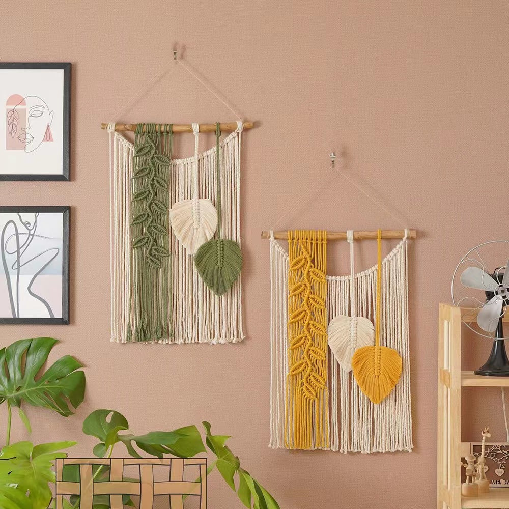 Handmade Macrame Leaf Wall Hanging | Boho Woven Cotton Tapestry with Wood Stick for Bedroom Living Room Nursery Decor