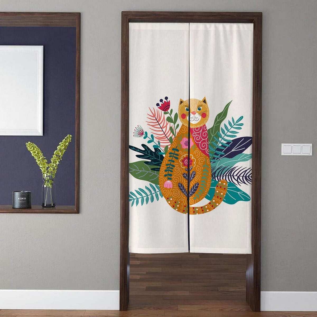 Boho Folk Art Patterned Orange Cat & Botanical Foliage Doorway Curtain Noren Room Divider