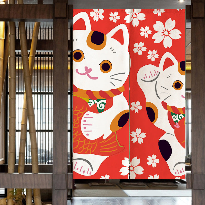 Red Background White Sakura Lucky Cat Door Curtain