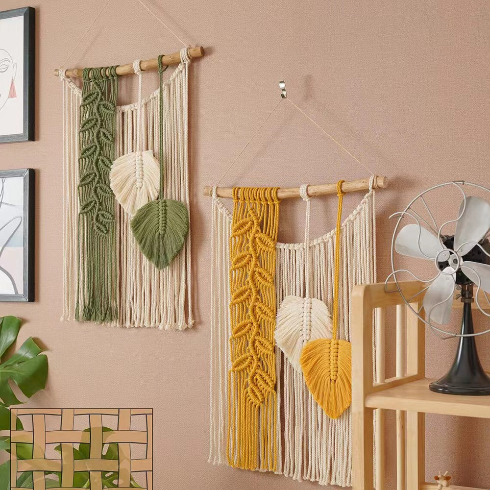 Handmade Macrame Leaf Wall Hanging | Boho Woven Cotton Tapestry with Wood Stick for Bedroom Living Room Nursery Decor