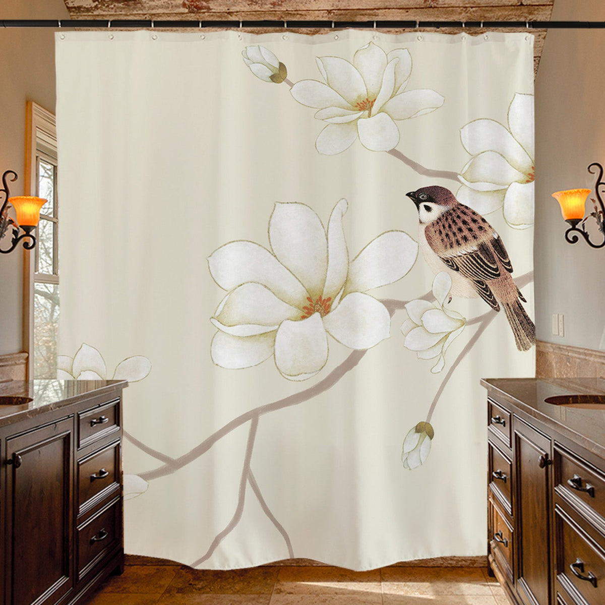Sparrow & Magnolia Blossom Shower Curtain – Vintage Botanical Floral Waterproof Bathroom Curtain Set