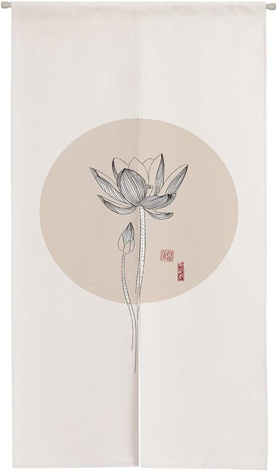 Ofat Home Chinese Traditional Doorway Curtain Tapestry Wall Hanging Kitchen Partition, Lotus Sketch Beige, 33.5"x 59", Custom