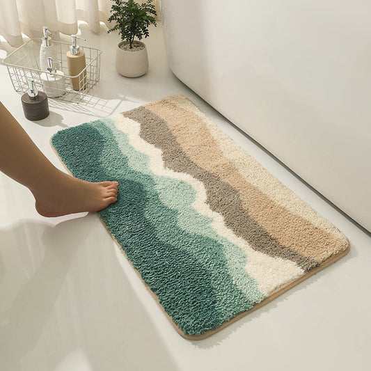 Abstract Blue Wave Ocean Bath Mat & Green Mountain Rug | Non-Slip Washable Beach Landscape Rug