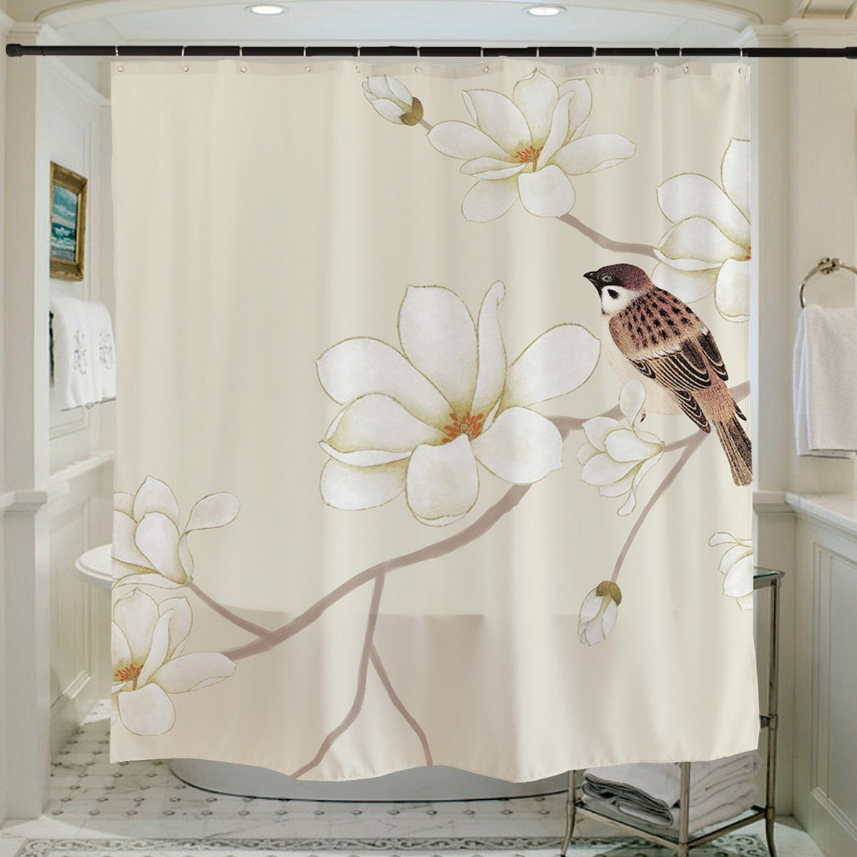 Sparrow & Magnolia Blossom Shower Curtain – Vintage Botanical Floral Waterproof Bathroom Curtain Set