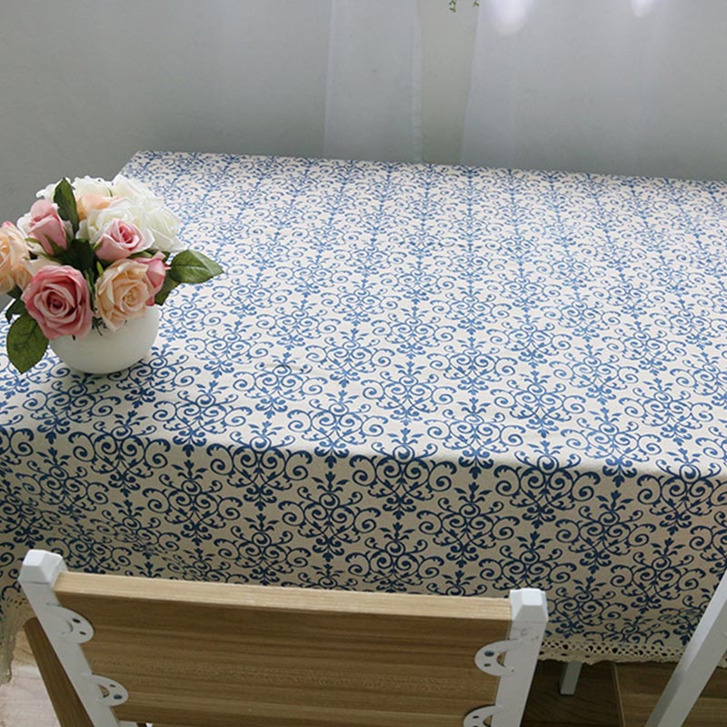 Blue White Lace Brim Table Cover