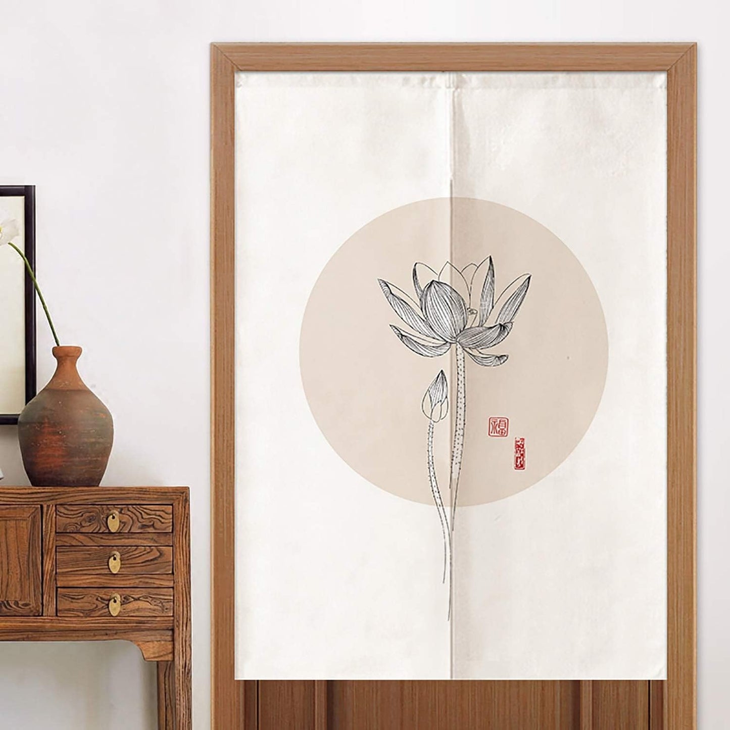 Ofat Home Chinese Traditional Doorway Curtain Tapestry Wall Hanging Kitchen Partition, Lotus Sketch Beige, 33.5"x 59", Custom