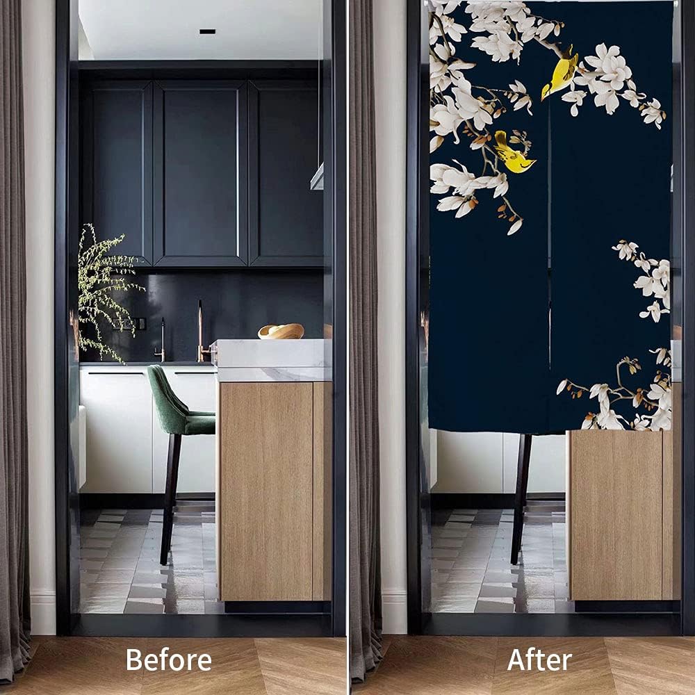 Black background with birds and flowers Door Curtain