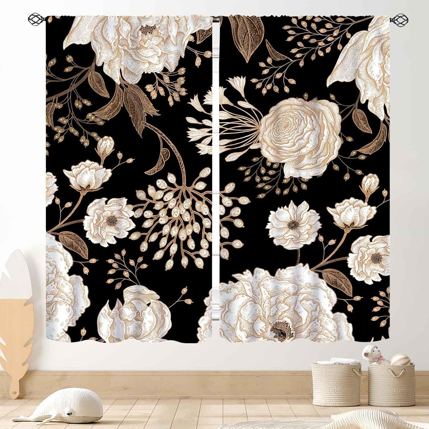 Flowers on black background Door Curtain