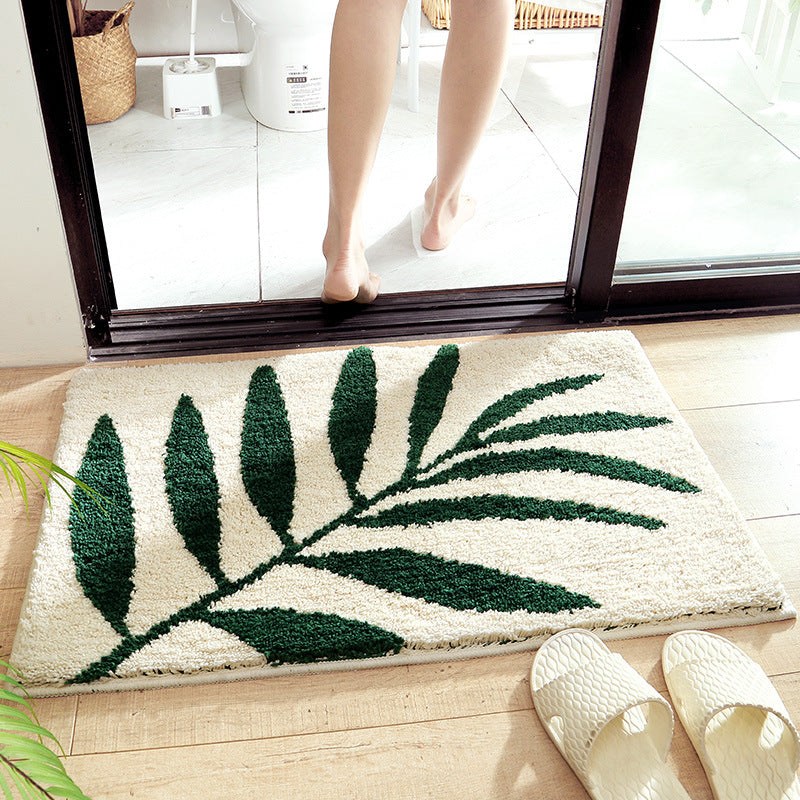Green White Leaves Bath Mat