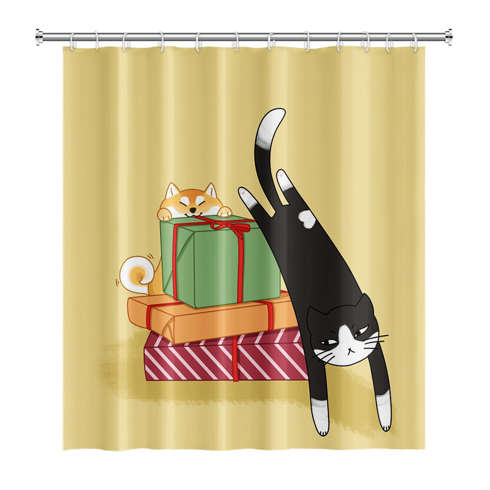 Cute Cartoon Cat and Dog Yellow Ground Shower Curtain