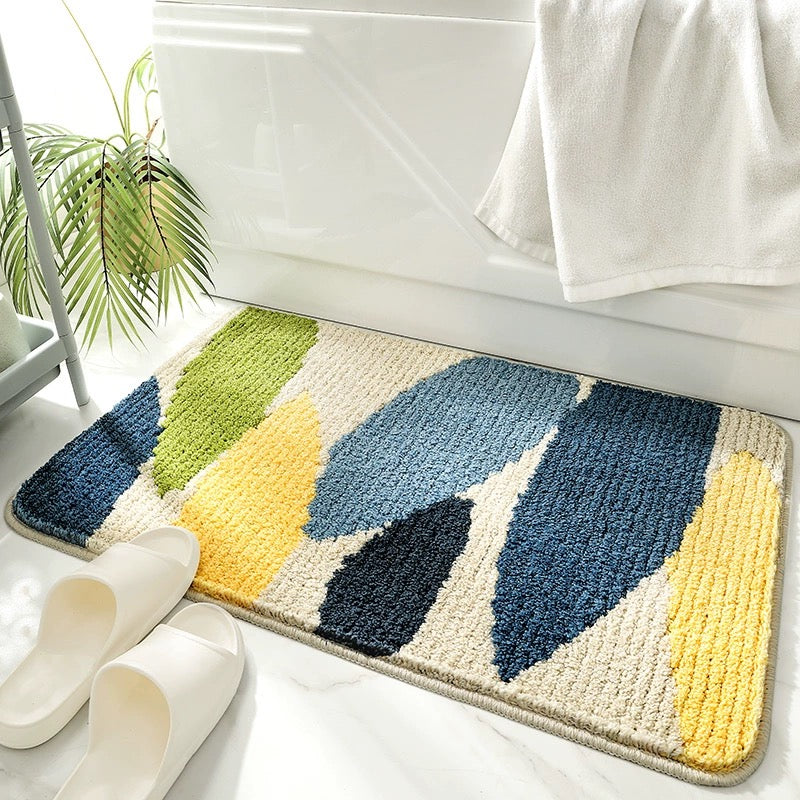 Abstract Green Blue Yellow Leaves Bath Mat