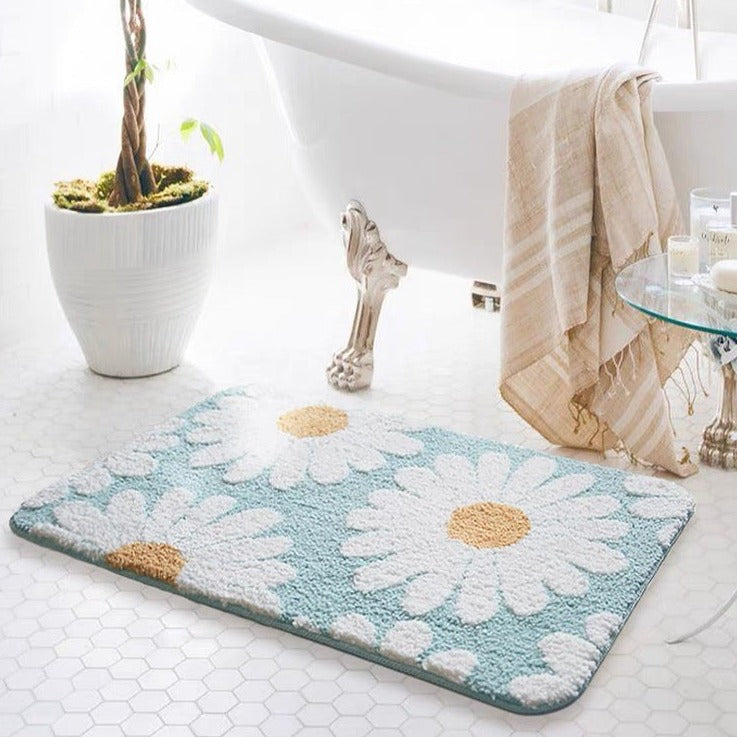 Cute White Blue Daisy Flower Bath Mat