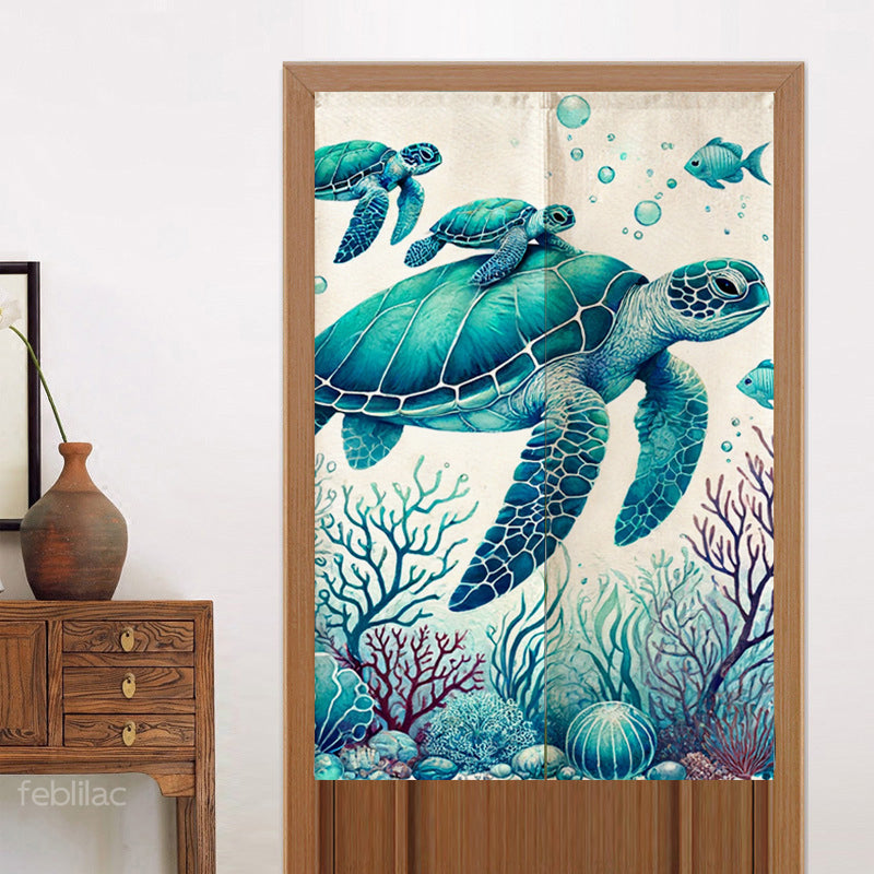 Sea Turtle Mother and Child Watercolor Door Curtain