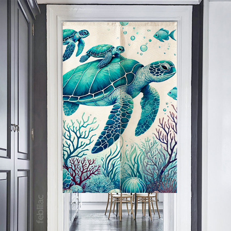 Sea Turtle Mother and Child Watercolor Door Curtain