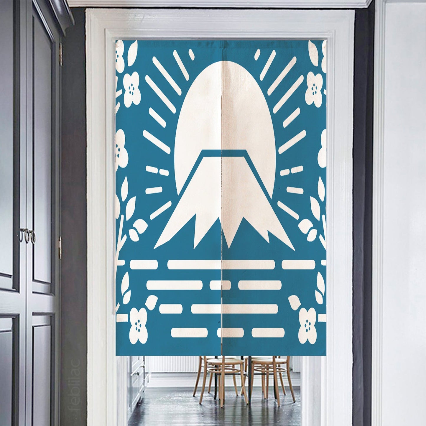 Simple Blue Background Mt. Fuji Cherry Blossoms Door Curtain