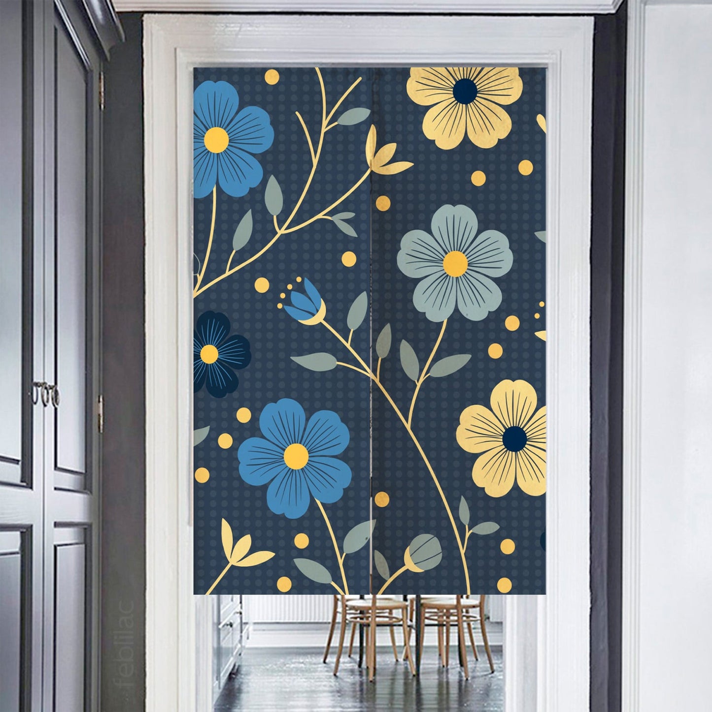 Japanese Blue and Gold Flowers Door Curtain