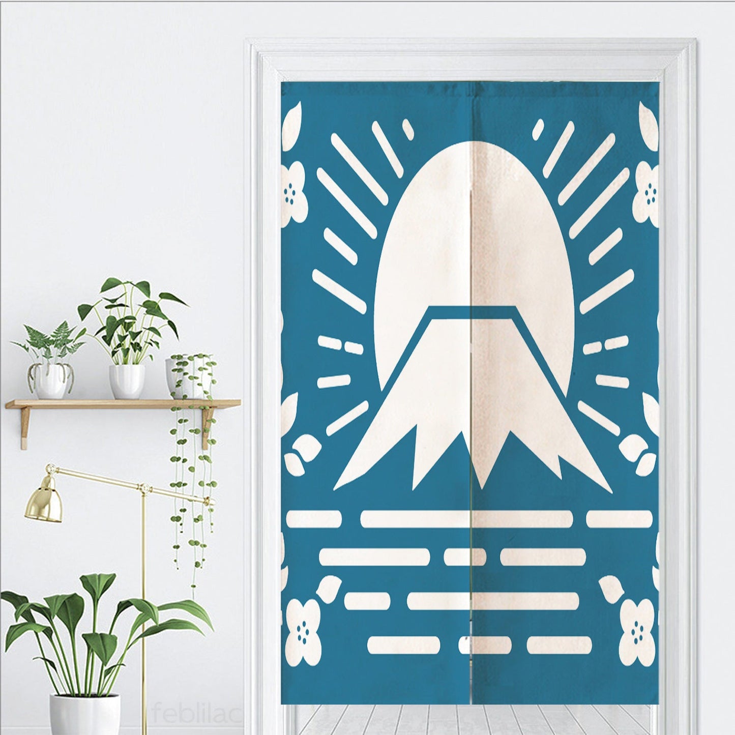 Simple Blue Background Mt. Fuji Cherry Blossoms Door Curtain