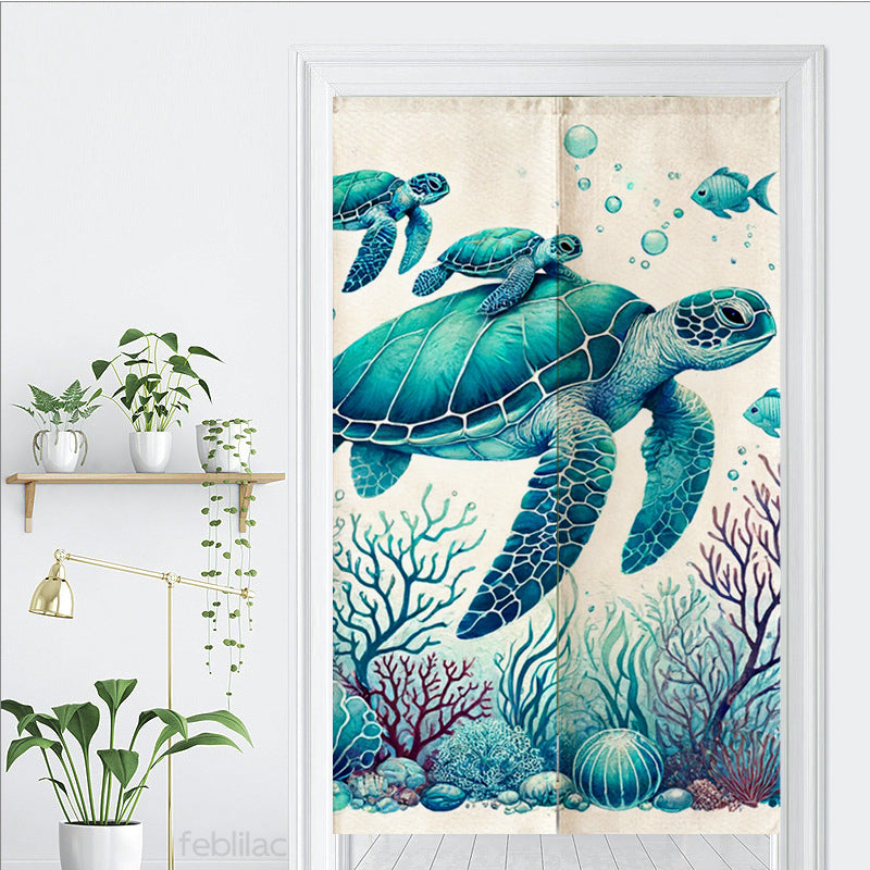 Sea Turtle Mother and Child Watercolor Door Curtain