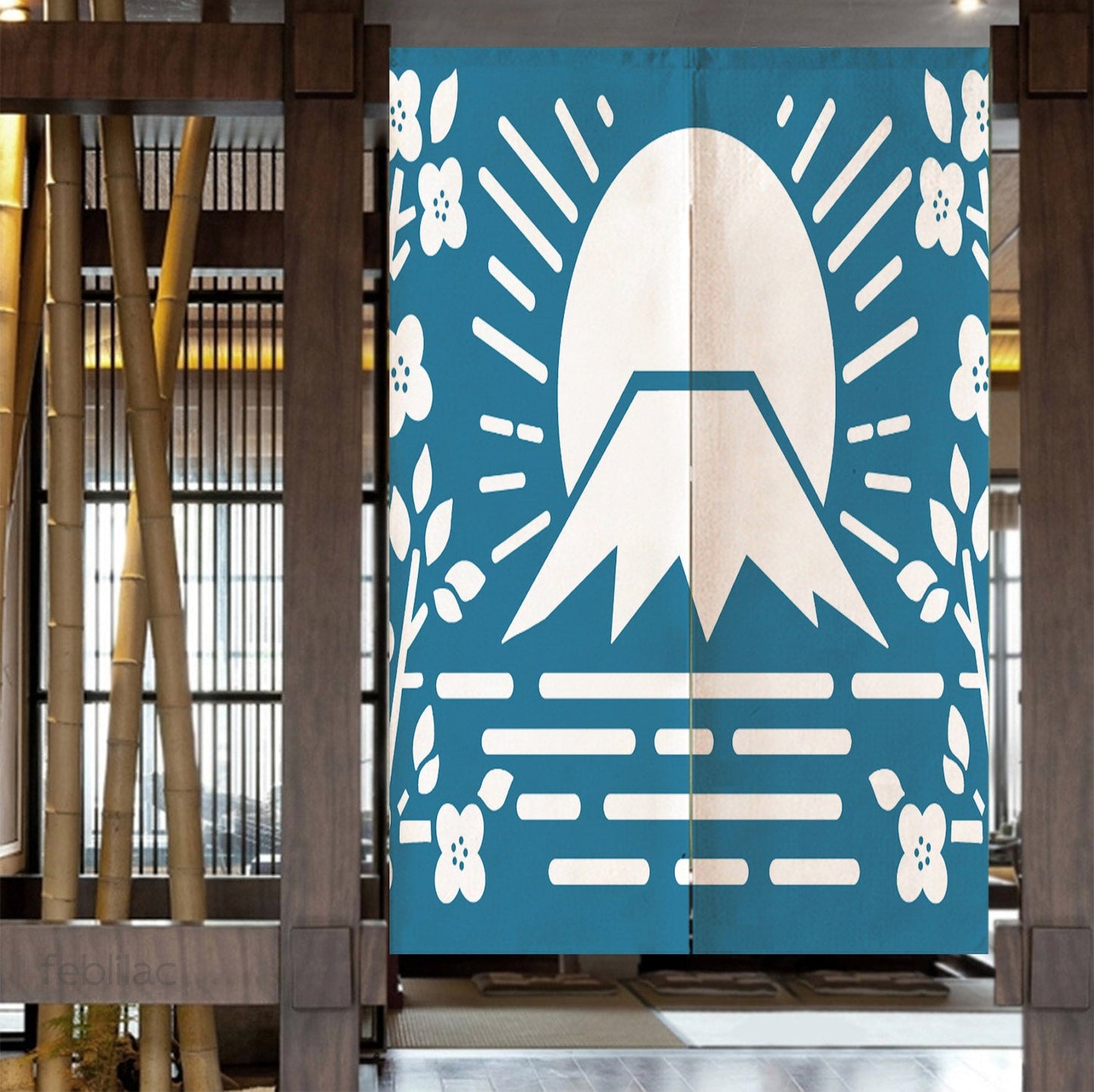 Simple Blue Background Mt. Fuji Cherry Blossoms Door Curtain