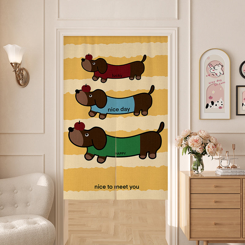 Puppy on yellow striped background Door Curtain