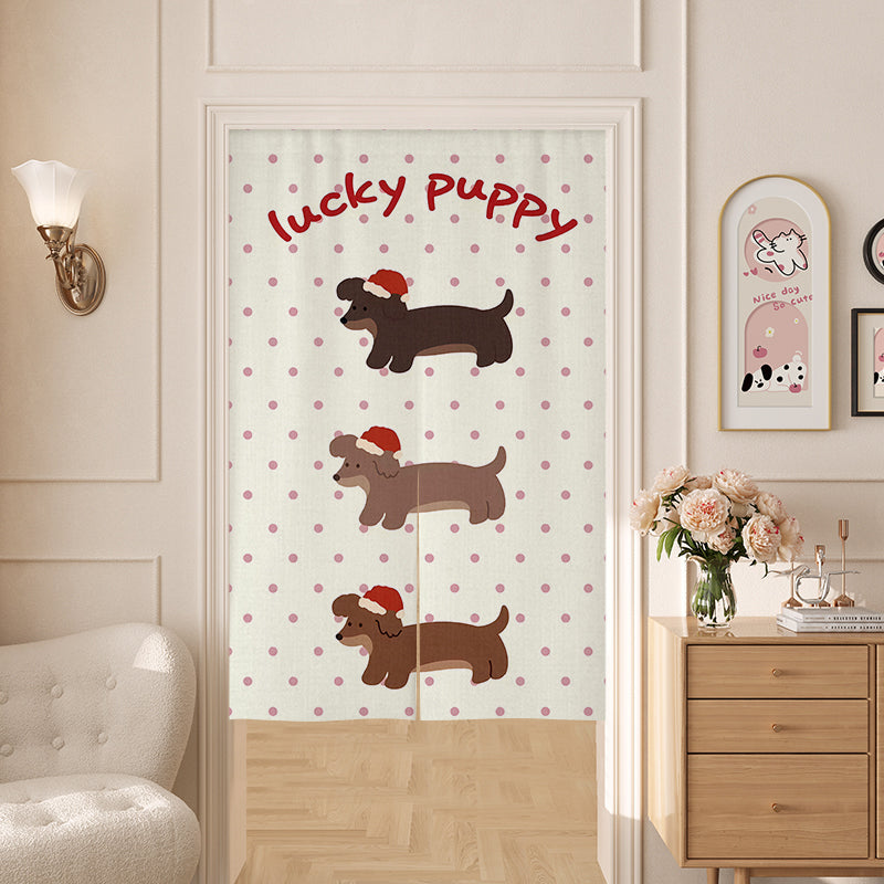 Puppy on red dot background Door Curtain