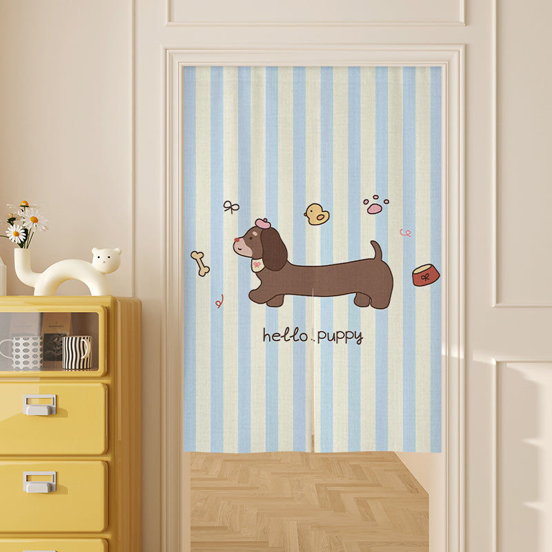 Puppy on blue striped background Door Curtain