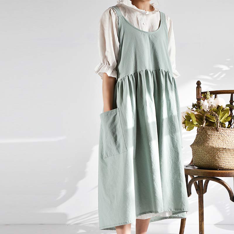 Japanese Cross-Back Cotton Pinafore Apron with Pockets – No-Tie Soft Cooking & Gardening Apron