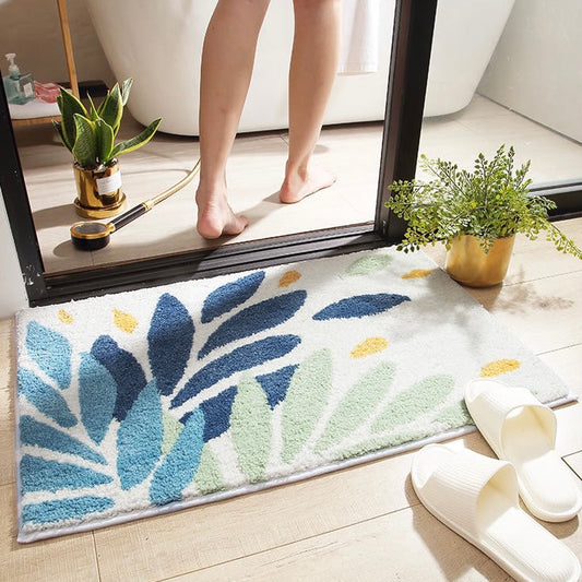 Flying Leaves Bath Mat - Botanical Leaf Plush Bath Rug | Non-Slip Super Absorbent Bathroom Mat